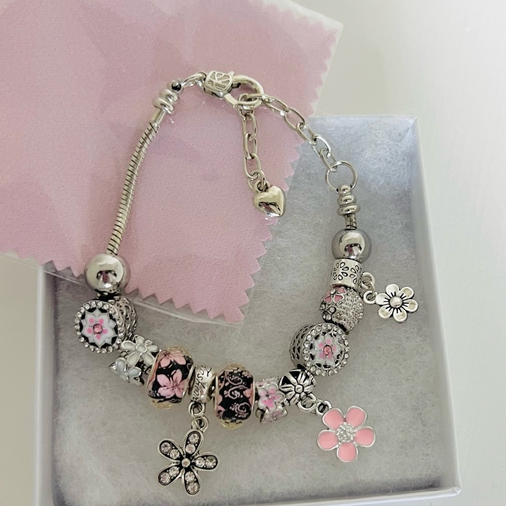 Pink Floral Charm Bracelet Silver Tone European Style Beaded Bracelet